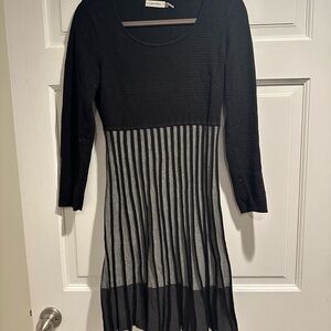 Calvin Klein Black and Gray Striped Long Sleeve Dress